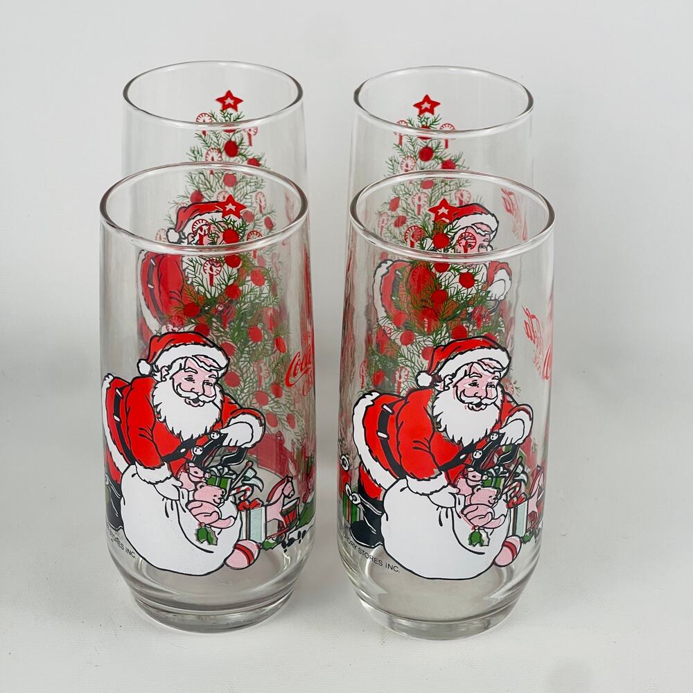 Vintage 16 oz Christmas Coca-Cola Classic Santa Glasses 4 -1980s McCrory Stores